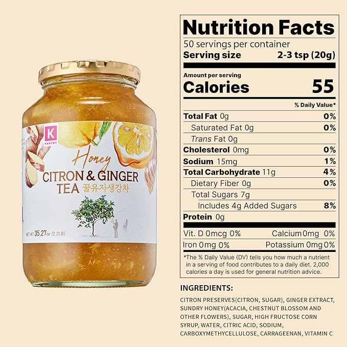KPANTRY Korean Yuja Tea (Honey Citron &amp Ginger) - Yuzu Marmalade Concentrate with Real Citrus Slices affeine-Free – Hot/Iced Tea Spread &amp Smoothie Mix - 35.27 oz x 2 Jars (70.5 oz Total)