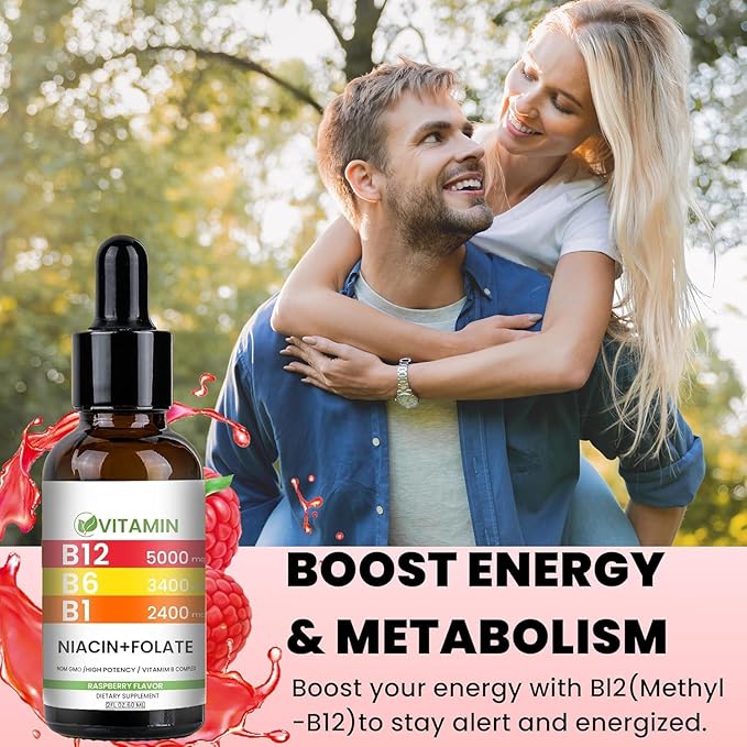 Vitamin B12 and B6 Liquid Drops B12 Sublingual Vitamin B Complex - B 12 Vitamin 5000mcg - B12 Methylcobalamin for Energy Brain and Heart Support with Raspberry 80 Servings