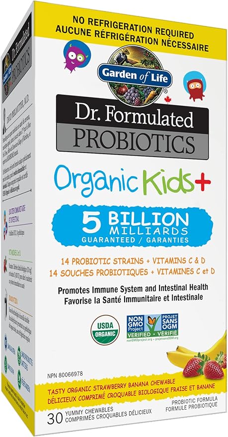 Garden of Life Dr. Formulated Probiotics Organic Kids+-Digestive Health Support-Prebiotic Fiber&ampVitamins C&ampD-Supports Immune Function-Shelf Stable-Strawberry Banana30 Yummy Chewables(Pack of