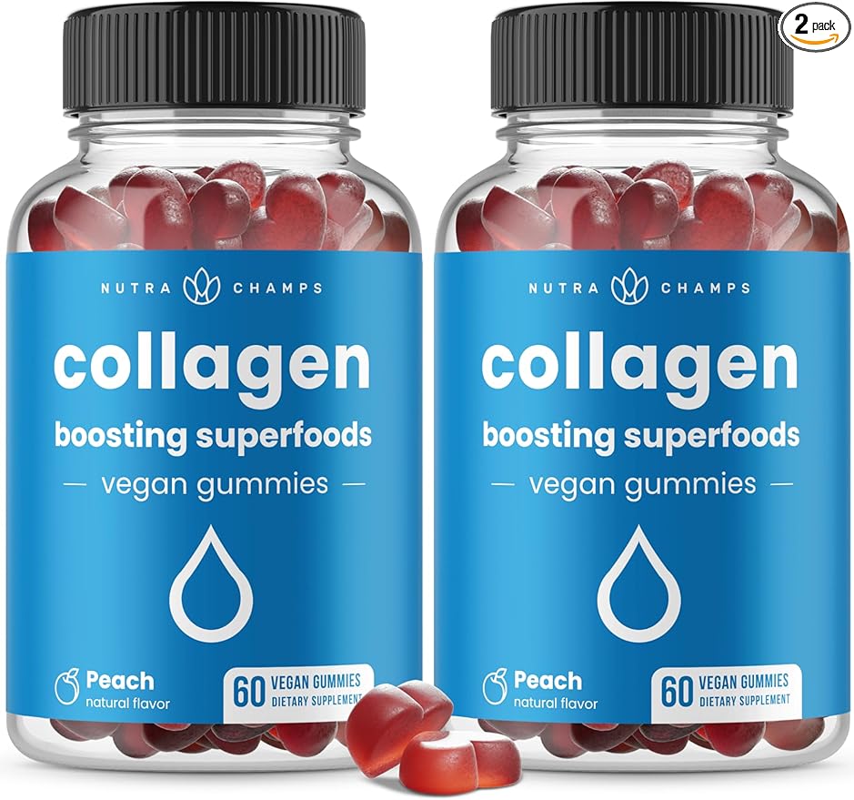 NutraChamps Collagen Boosting Gummies Collagen Booster Gummy for Natural Collagen Production Vegan Pectin Supplements Chews for Women &amp Men 60 Peach Gummies (Pack of 2)