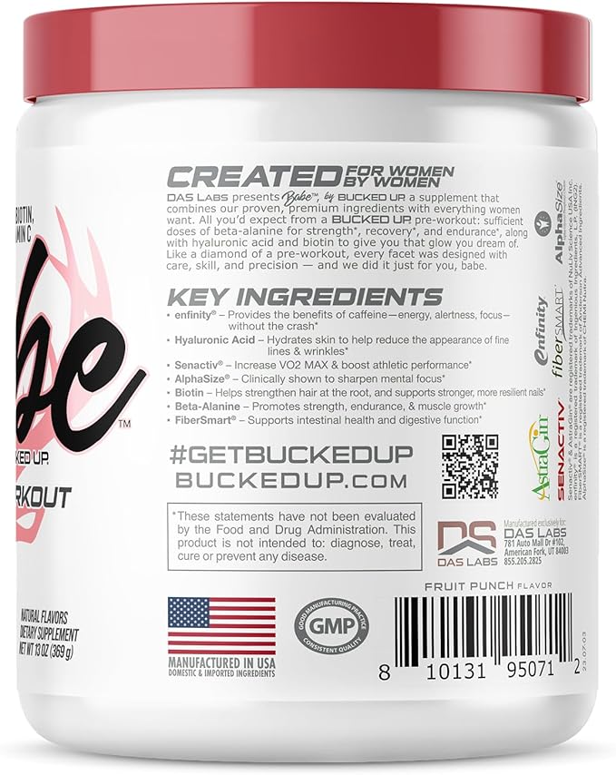 Bucked Up Babe Pre Workout Powder for Women | Fruit Punch | 6g Citrulline 2g Beta-Alanine 100mg Hyaluronic Acid 5mg Biotin and 5 Other Registered trademarked Ingredients | 30 Servings | 13 OZ