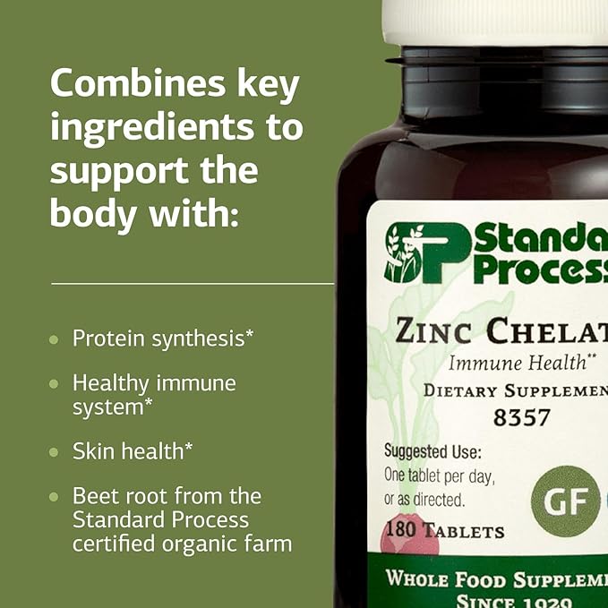 Standard Process Zinc Chelate - Offers Natural Immune Support &amp Aids Skin Health - Excellent Source of Zinc - Gluten-Free Non-Dairy &amp Non-Soy - 180 Tablets