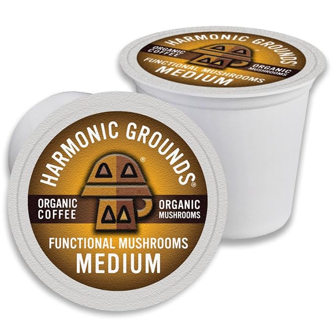 Harmonic Grounds Organic Mushroom Coffee Pods - Medium Roast Coffee with Lion's Mane Reishi Chaga Cordyceps &amp Turkey Tail - Compatible with Keurig K-Cup Brewers - 34 Count