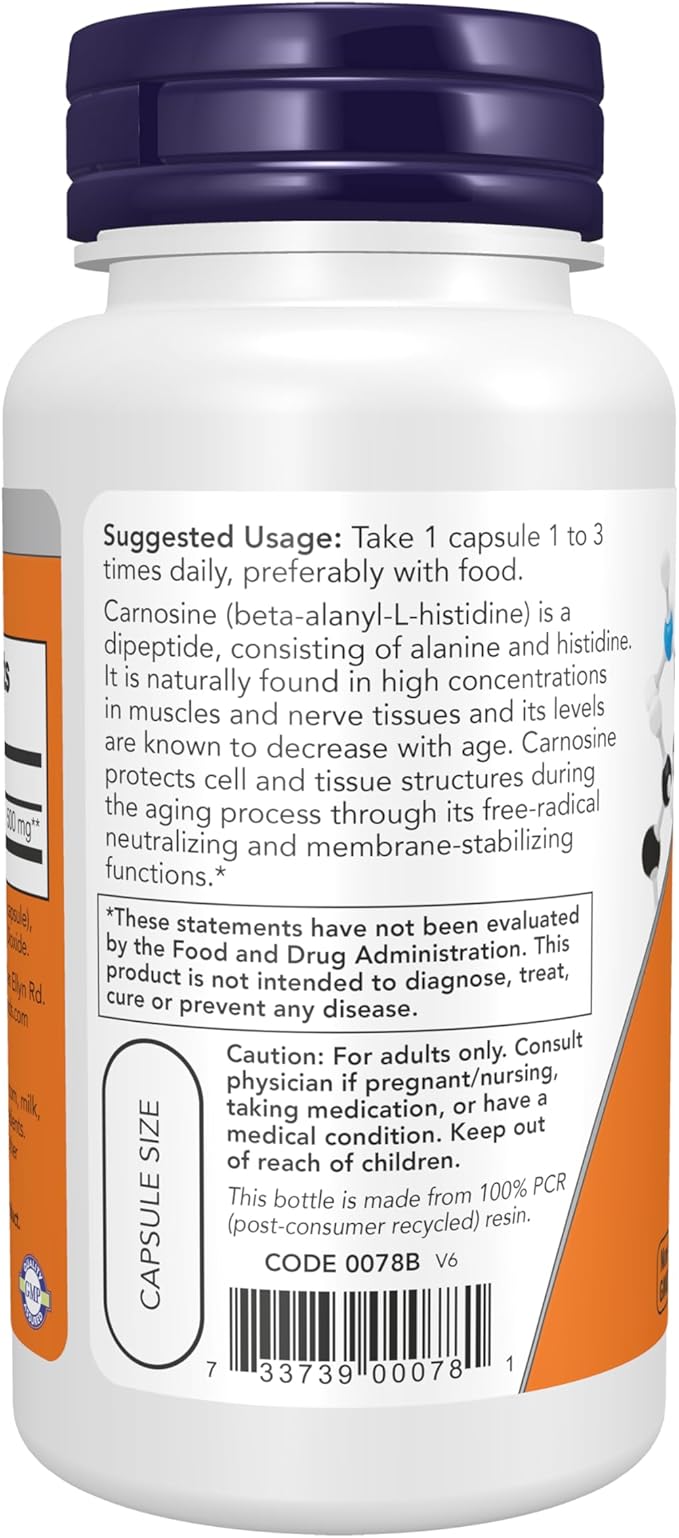 NOW Foods Supplements L-Carnosine (Beta-Alanyl-L-Histidine) 500 mg Healthy Aging 50 Veg Capsules