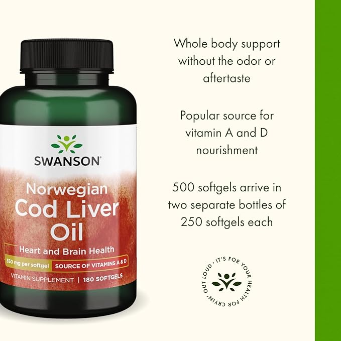 Swanson Cod Liver Oil - Wellness Supplement Promoting Bone Skin Health Vision Support &amp Immune System Function w/High Absorption Vitamin A - (180 Softgels 350mg Each) 2 Pack