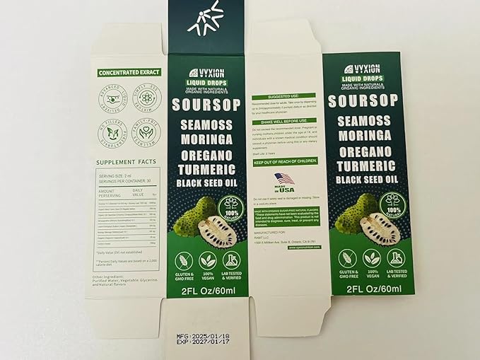 Soursop Pure Liquid Drops 10 in 1 with Sea Moss Moringa Turmeric Black Seed Oil Oregano Ashwagandha | Herbal extracts for Overall Health | Vegan Non-GMO | 4 Fl Oz