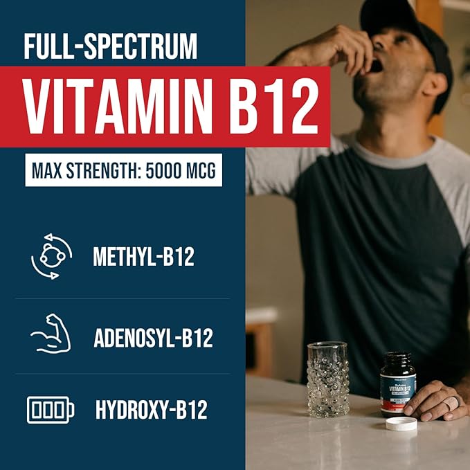 BioActive Vitamin B12 - 5000 mcg Contains 3 BioActive Forms B12 Plus Methylfolate Cofactor - Methyl B12 Adenosyl B12 &amp Hydroxy B12 | Supports Energy Metabolism &amp Mood | Vegan Non-GMO (60 S