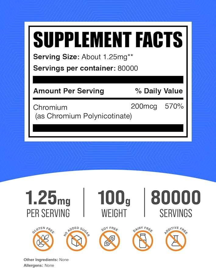 BulkSupplements.com Chromium GTF Powder - Chromium Polynicotinate - Gluten Free &amp Yeast Free 1.25mg per Serving (200mcg) 100g (3.5 oz) (Pack of 1)