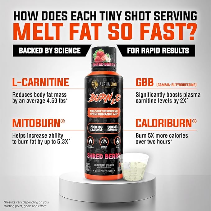 ALPHA LION Burn2O L-Carnitine Liquid 2000mg Premium Liquid Fat Burner &amp Pre-Workout Supplement for Men &amp Women - Natural Energy &amp Metabolism Booster for Weight Loss - ShredBerry