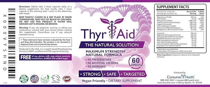 ThyrAid - Thyroid Supplement - Iodine Kelp Ashwagandha - Vegan - 60 Capsules (1 Month Supply)