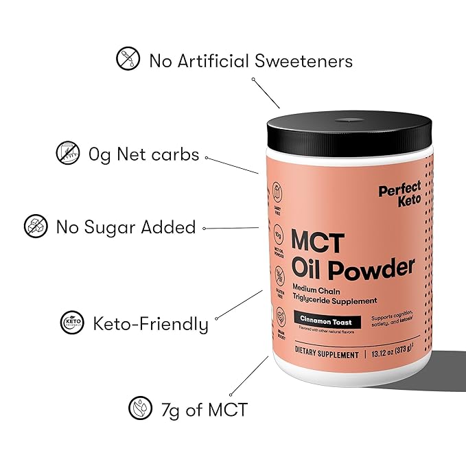Perfect Keto 7g MCT Oil Powder Medium Chain Triglycerides Supplement Non Dairy Coffee Creamer for Keto Diet Ketogenic MCT Oil Mix for Coffee Smoothie Protein Shakes Cinnamon Toast 30 Servings