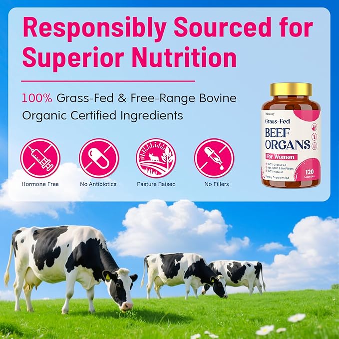 12-In-1 Beef Organ Supplement for Women - Beef Liver Uterus Kidney Heart Pancreas 5 Vitamins &amp 2 Herbs Hormone Balance Menstruation Energy Immune - 100% Grass Fed Pasture Raise - 120 Cap