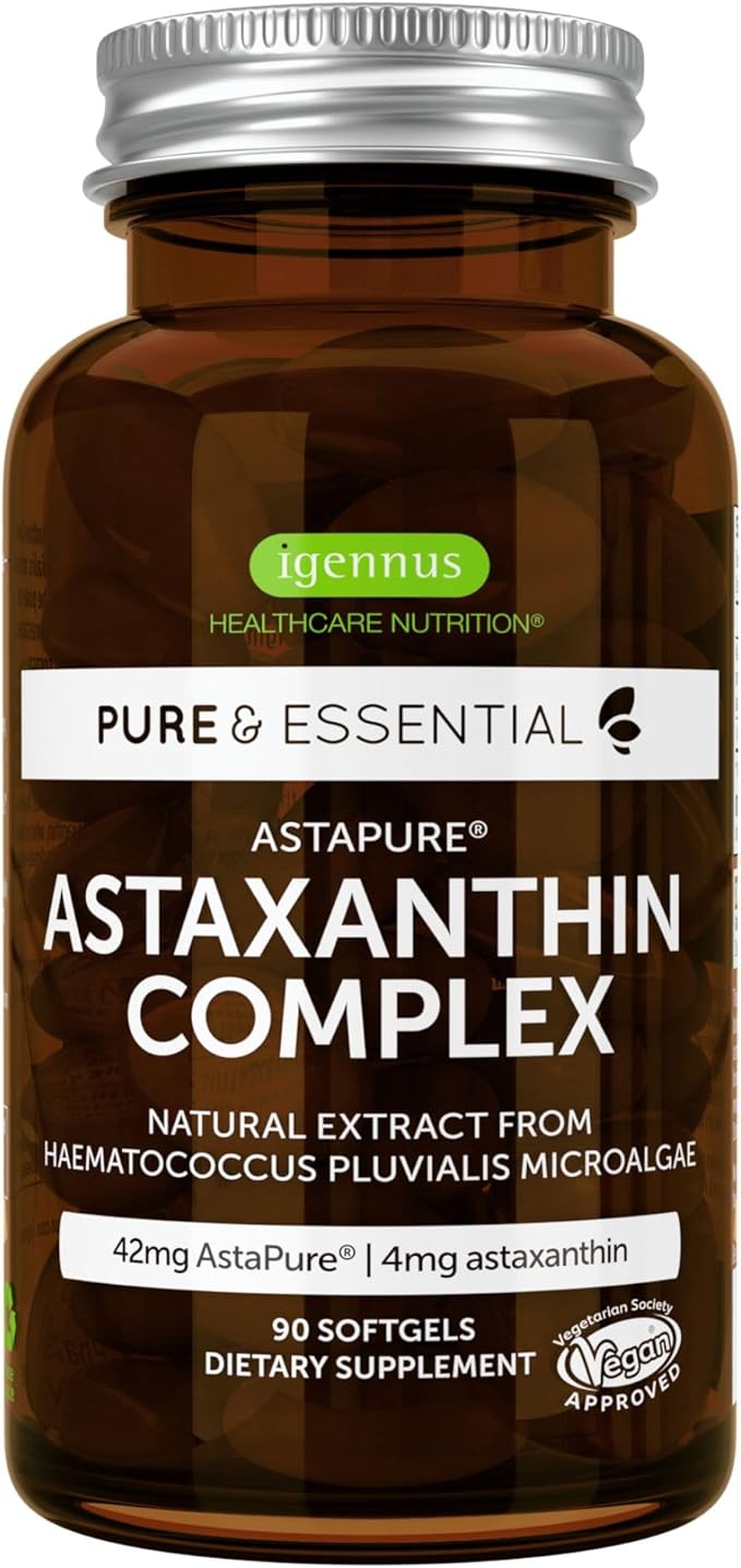 Igennus Vegan Astaxanthin 4mg Complex with Lutein and Zeaxanthin 90 Small Softgels from 42 mg Astapure Natural Algae Antioxidant for Eyes Skin &amp Joints Non-GMO H. Pluvialis