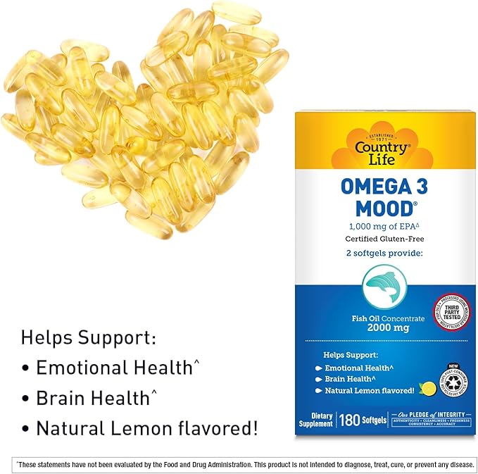 Country Life Omega 3 Fish Oil Supplement - High Concentration EPA and DHA Omega 3 Fatty Acids - 2000mg Fish Oil for Emotional Health Mood Support and No Fish Taste - Natural Lemon Flavor