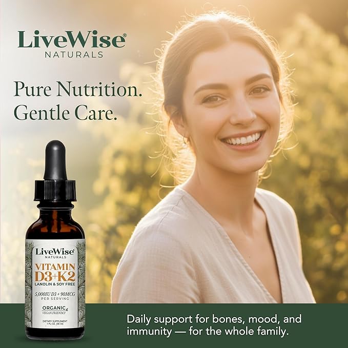 Live Wise Naturals Vegan D3 K2 Vitamin 5000 IU 90 MCG (MK-7) Drops - 60 Servings Ultra Concentrated Formulation and Fast Absorption - Precision Micro-Dosing Dropper for Cognitive &amp Immune Suppo