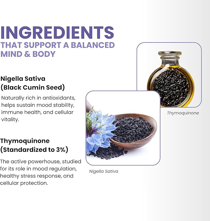 Mood Support Supplement with Full-Spectrum Cold Pressed Black Seed Oil with 3% Thymoquinone | Stress Emotional Balance &amp Serotonin Support Brain Supplement for Men &amp Women 60 Softgels