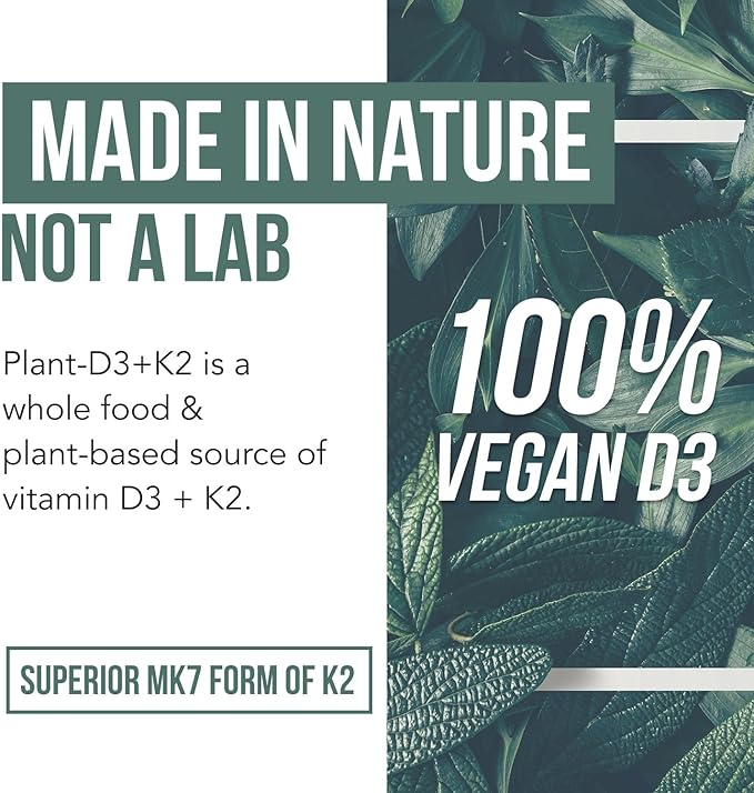 Organic Plant D3 + K2 | 5000 iu D3 + 120 mcg K2 as All-Trans MK7 from MenaQ7® - 100% Whole Food Raw &amp Vegan | Enhanced Digestion with Prebiotic &amp Superfood Complex – D3 from Organic Algae (60