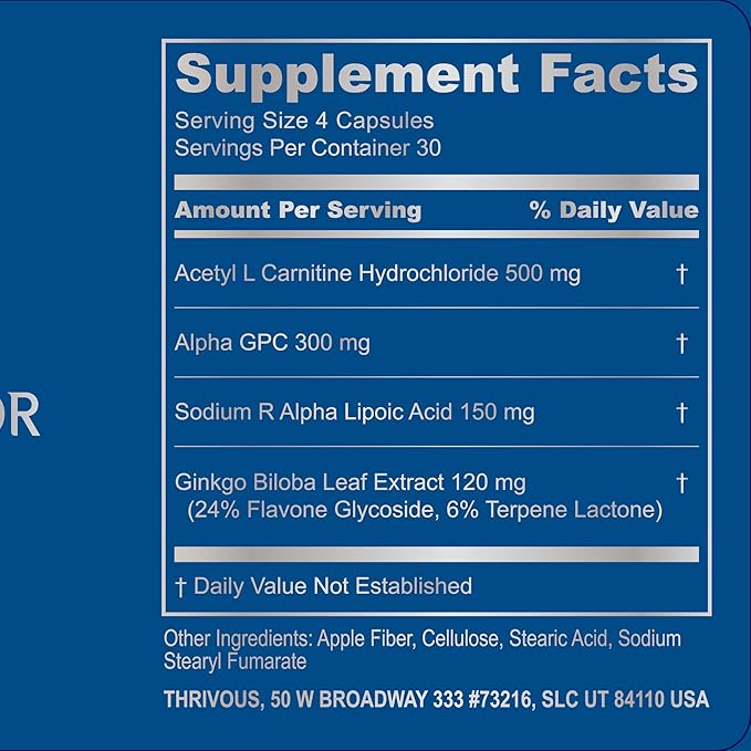 Thrivous Alpha Neuroprotector – Brain Support &amp Nootropic Supplement with Acetyl L-Carnitine Alpha GPC R-Alpha Lipoic Acid Ginkgo Biloba – 120 Vegan Capsules