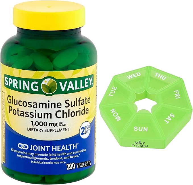 Spring Valley Glucosamine Sulfate Potassium Chloride | Glucosamina para las Articulaciones | Inflammation | 1000 mg | 200 Count | Medicine Organiser Box with M&ampF Essential