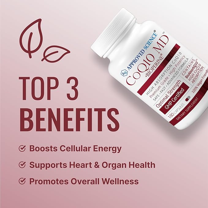 Approved Science® CoQ10 MD - Extra Strength Pure CoQ10 300mg with BioPerine® for Faster Absorption - Optimal Support Supplement - Vegan - 3 Month Supply