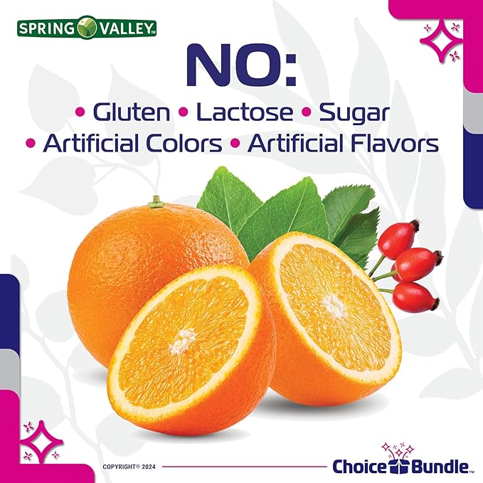 Choice Bundle Spring Valley Vitamin C 1000 mg Dietary Supplement Tablets with Rose Hips 250 Ct Plus Vitamin Guide &amp Portable Pill Container (3 Items)!
