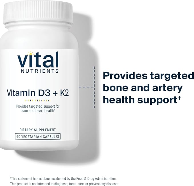 Vital Nutrients Vitamin D3 + K2 | 2000 IU | Vitamin D3 K2 Supplement | Vitamin D Complex for Healthy Calcium Levels Muscle &amp Bone Health | Gluten Dairy Soy Free | 60 Capsules
