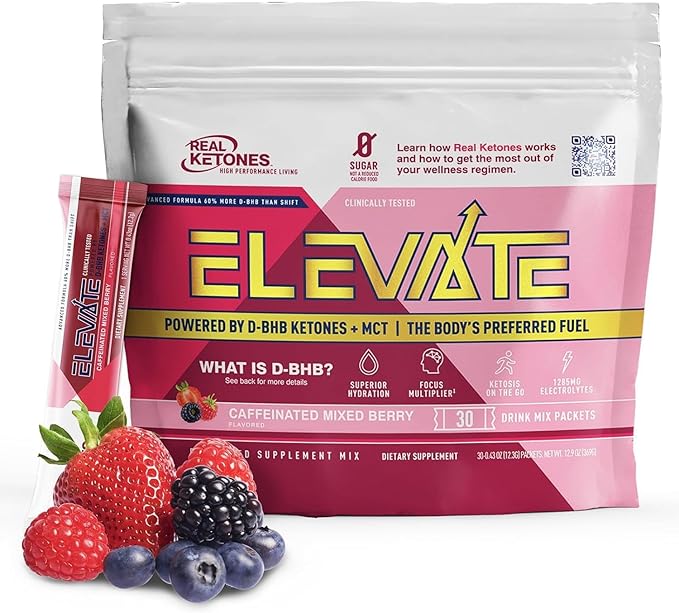 Real Ketones MCT &amp BHB Exogenous Ketones Drink Mix Packets Elevate Keto Electrolytes Powder Packets No Sugar with 4 Main Electrolytes Plus Hydrating Proprietary Keto BHB (30 Pack Mixed Berry)