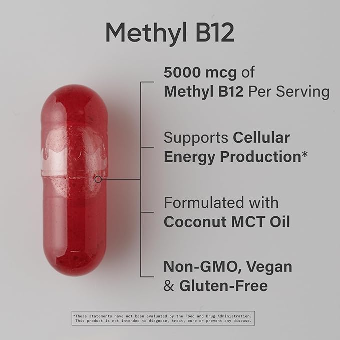 Sports Research® Celular Energy Pack - Plant Based Vitamin B12 as Methylcobalamin 5000mcg + CoQ10 100mg Enhanced w/Coconut Oil &amp Bioperine + High-Absorption Magtein® 2000mg