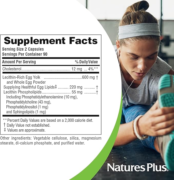 NaturesPlus Egg Yolk Lecithin - 600 mg 180 Capsules - Soy Free Gluten Free - 90 Servings