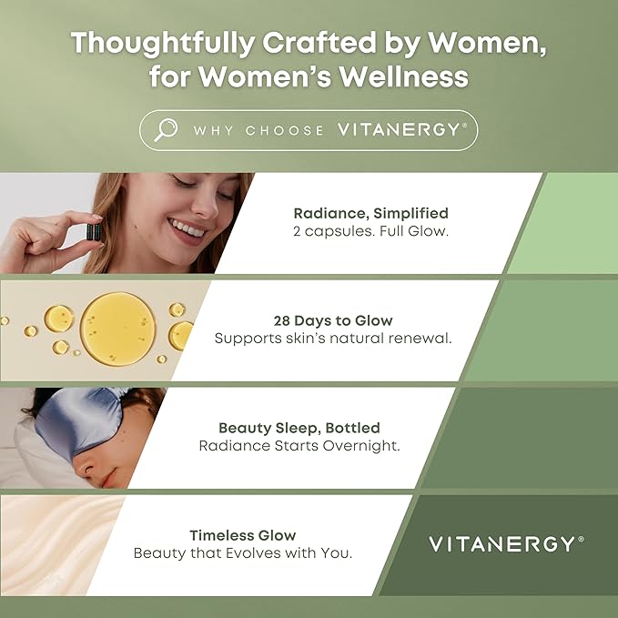 Vitanergy Beauty Sleep &amp Skin Glow Supplement – 4-in-1 Nighttime Support with L-Glutathione Hyaluronic Acid L-Theanine &amp Chamomile – Vegan Made in USA 56 Capsules