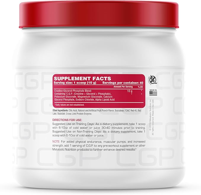 Metabolic Nutrition CGP Creatine Glycerol Phosphate 100% Micronized Creatine Powder Pre Intra Post Workout Supplement Fruit Punch 400 Grams (40 Servings)