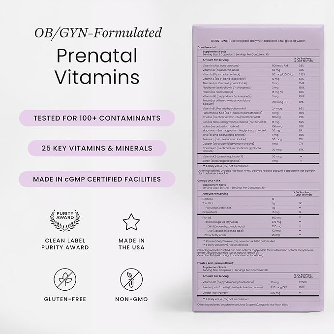 Perelel 1st Trimester Prenatal Pack Multivitamin with Folate Vitamin D Omega 3 Iron &amp Ginger Nutritional Support for Early Pregnancy Soy &amp Gluten Free Non GMO 30 Daily Pill Packs