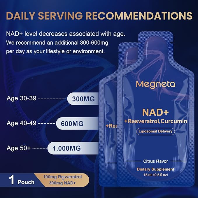 Liposomal NAD+ Supplement with Resveratrol Anti-Aging Energy Boost &amp Cellular Health Support 15.2 fl. oz NAD Liquid for Men &amp Women (30 Pouch)