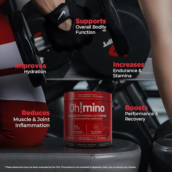 Oh!mino Essential Amino Acids Supplement Drink Powder Tropical Splash Cafeeinated Powder All 9 EAAs BCAAs and The Perfect Amino for Workouts Amino Energy and to Build Muscle and Recover Faster