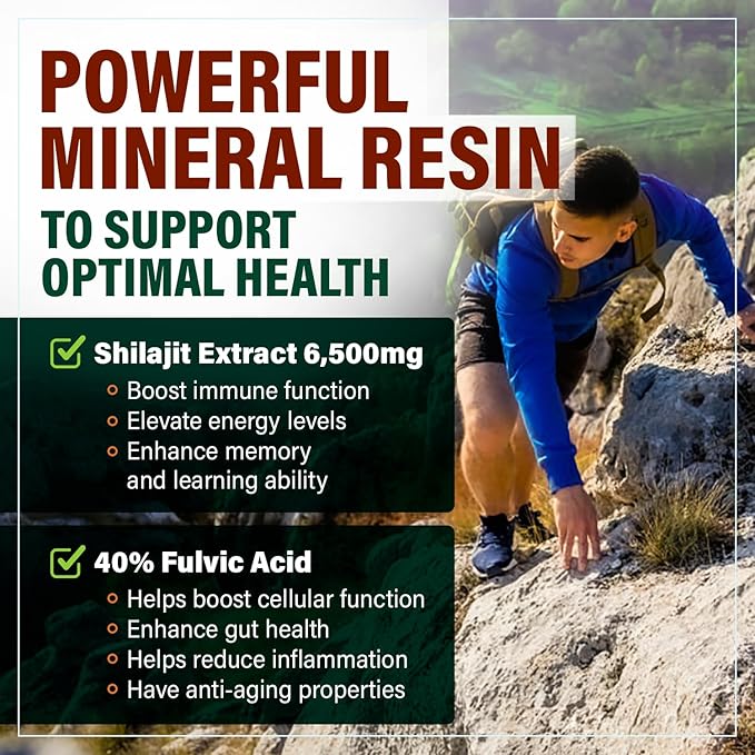 6500mg Shilajit for Men with 40% Fulvic Acid (High Absorption) | Shilajit Mineral Supplement with 85+ Trace Minerals for Energy Performance &amp Immune Health - 120 Capsules