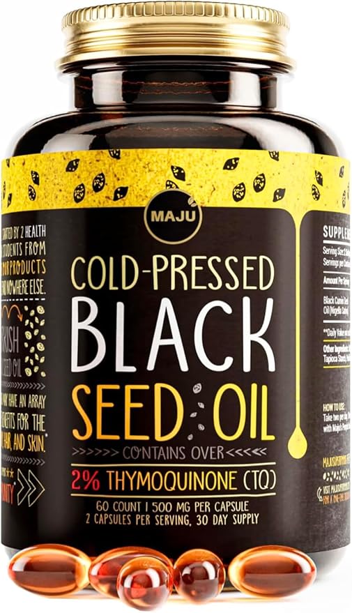 Maju Superfoods Black Seed Oil Capsules - Cold Pressed 2% Thymoquinone 100% Turkish Black Cumin Nigella Sativa Seed Oil Liquid Pure Blackseed 60 Count 500mg per Capsule