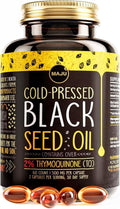 Maju Superfoods Black Seed Oil Capsules - Cold Pressed 2% Thymoquinone 100% Turkish Black Cumin Nigella Sativa Seed Oil Liquid Pure Blackseed 60 Count 500mg per Capsule