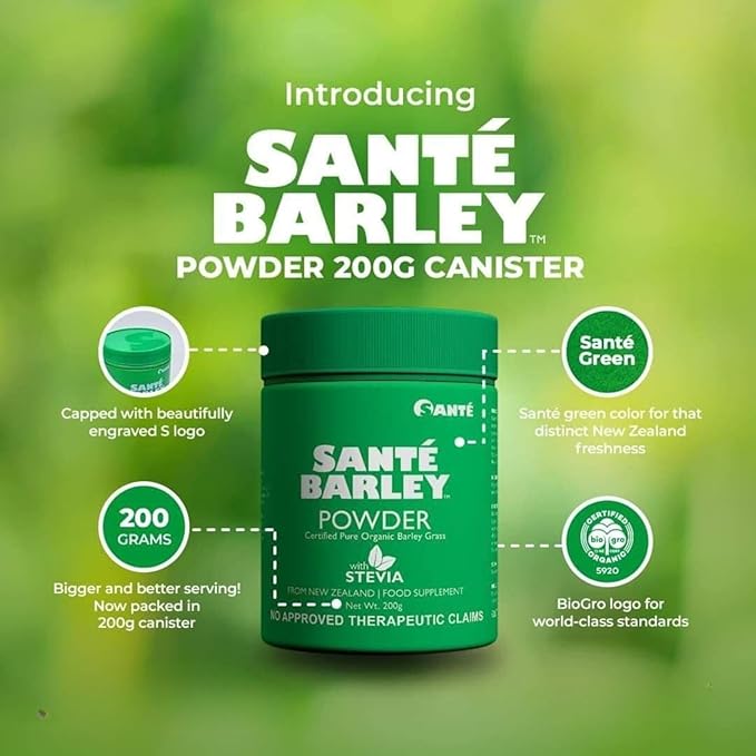 Sante Barley Pure Powder Canister - 200 Grams - Pack of 1 - Gluten Free - Natural Formula - Herbal Food Supplement Organic Greens Powder - from New Zealand - Certified Pure Organic