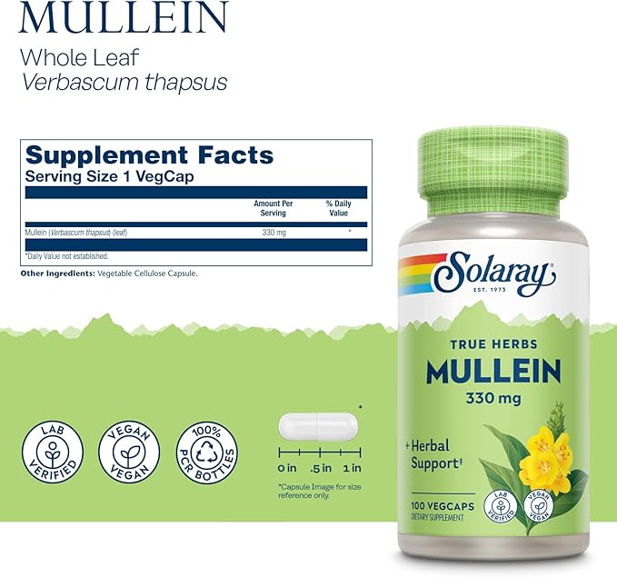 SOLARAY Mullein Leaf Herbal Support for Healthy Respiratory and Bronchial Function 330mg Vegan 100 Servings 100 VegCaps (Pack of 2)