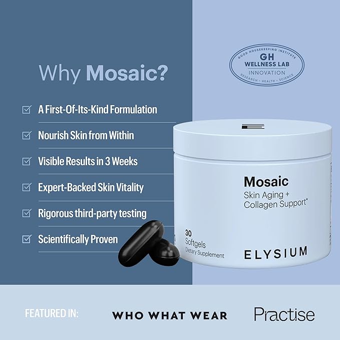 ELYSIUM Mosaic – Hyaluronic Acid &amp Collagen Supplement – Clinically Proven to Hydrate Skin &amp Reduce Fine Lines – Fights Visible Signs of Aging – 30-Day Vegan Softgel Supply