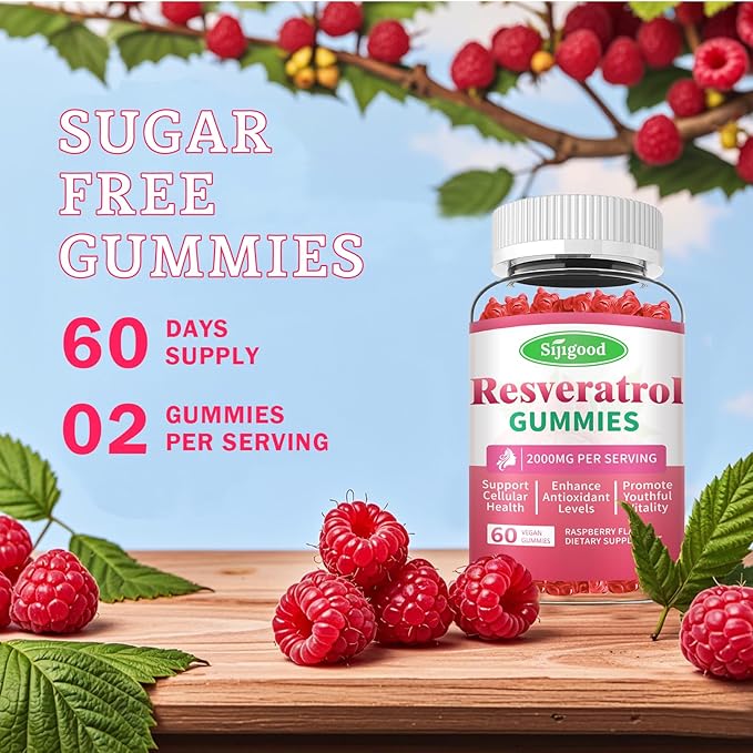 Organic Resveratrol Gummies for Women - Sugar Free Resveratrol-Nutritional-Supplements for Antioxidant Support Cellular Health Immunity Brain &amp Energy Raspberry Flavor 120 Count