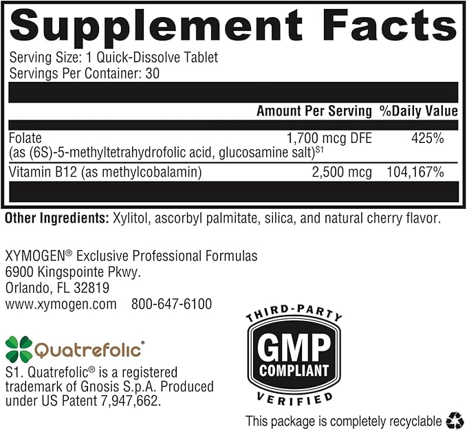 XYMOGEN 5-MTHF Plus B12 - Biologically Active L Methylfolate Supplement - Support Methylation &amp Nervous System Health - Great-Tasting Cherry Flavor (30 Quick-Dissolve Tablets)