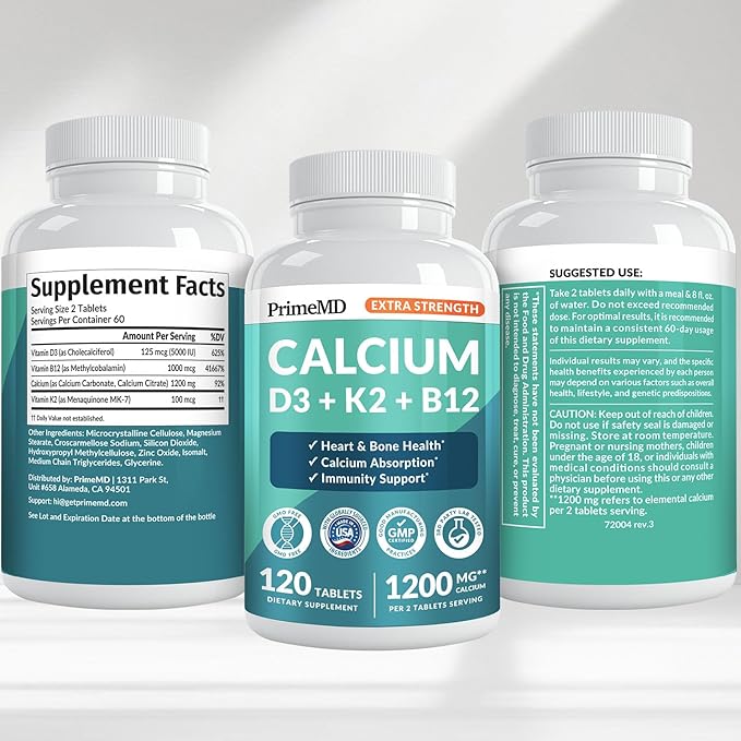4-in-1 Calcium 1200 mg with Vitamin D3 K2 - Extra Strength Calcium Supplements for Women &amp Men with D3 K2 Vitamin 5000 IU - Everyday Vitality Supplement - Vegan-Friendly Gluten-Free Non-GMO (120