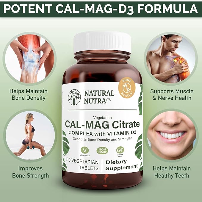 Natural Nutra Cal-Mag Citrate with Vitamin D31000/500 mg Complex Strengthen Bone Density Muscle and Nerve Health Help Maintain Healthy Teeth Highly Bioavailable Sources 100 Vegan Tablets
