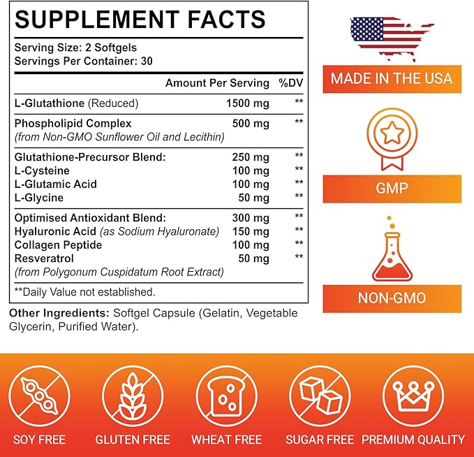 Liposomal Glutathione Softgels Enhanced Absorption - Liposomal Delivery Active Form L-Glutathione Cellular Immune Function &amp Liver Detox Rich in Antioxidant Formula Gluten Free 120 Softgels