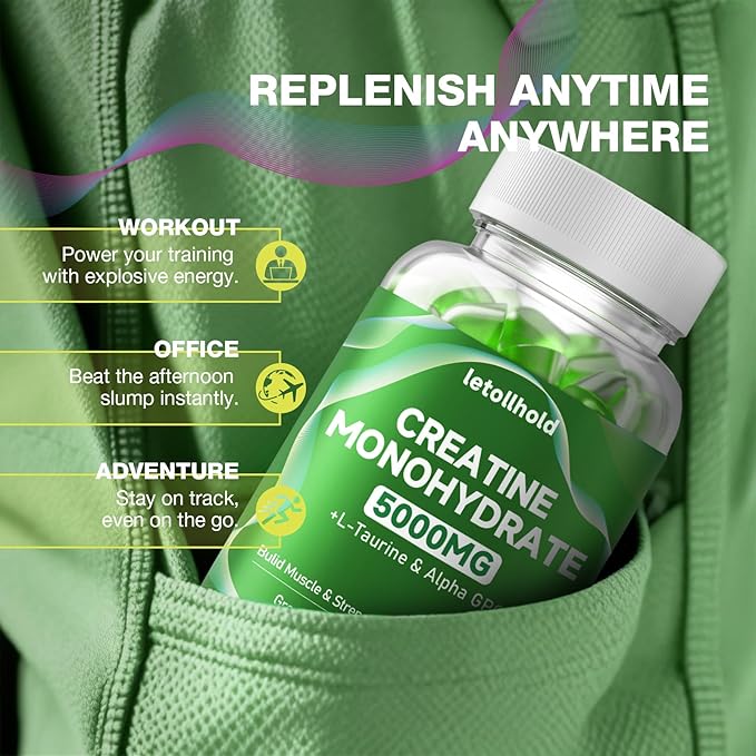 2-Pack Creatine Gummies for Women＆Men - 5g Creatine Monohydrate Gummies with L-Taurine &amp Alpha Gpc for Boost Focus Endurance Strength and Muscle Growth - Vegan Non-GMO (Green Apple 160 ct)