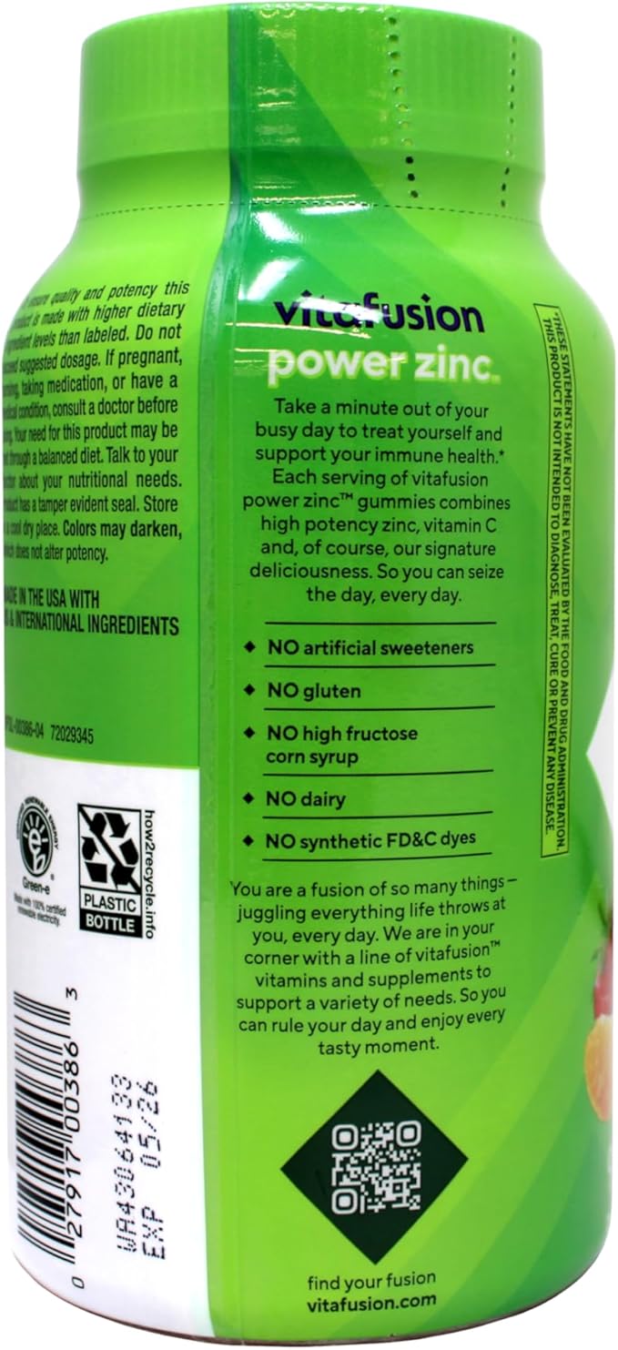 Vitafusion Power Zinc Gummy Vitamins 15 mg Zinc per Serving High Potency Zinc &amp Vitamin C for Immune Support Natural Strawberry and Tangerine Flavor 90 Count (Pack of 3)