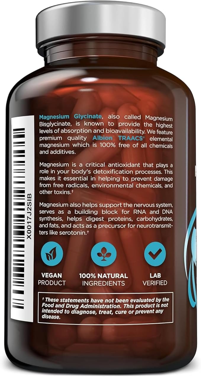 OmniBiotics Magnesium Glycinate Supplement – with 100% Pure Albion TRAACS Bisglycinate Chelate for Sleep Muscle Nerve &amp Heart Health – 120 Vegan Capsules