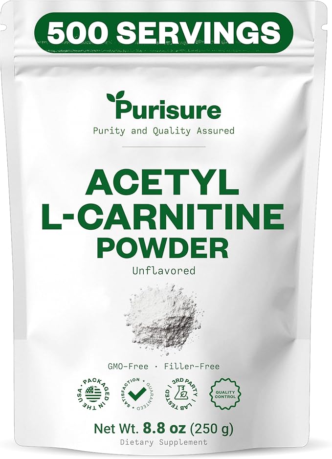 Purisure Acetyl L-Carnitine Powder ALCAR Powder Amino Acid Supplement Acetyl L-Carnitine Supplement for Better Cognitive Performance and Muscular Endurance Gluten Free Non-GMO 250g (8.8 oz)
