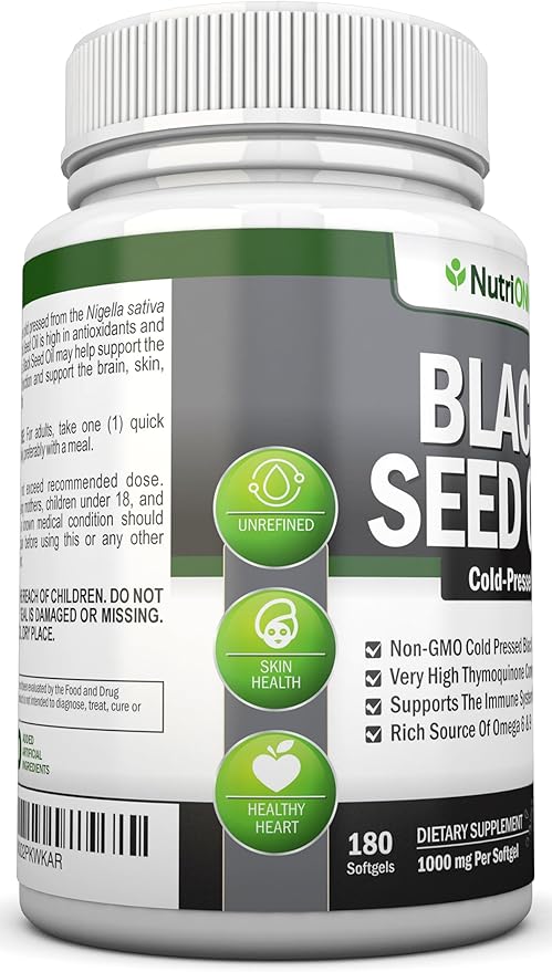 Black Seed Oil - 1000 Mg - 180 Softgels - Cold-Pressed Non-GMO Black Cumin Seed Capsules - Super High Thymoquinone Content - Nigella Sativa - Rich in Omega 6 &amp 9 Fatty Acids - Immune Health Suppor